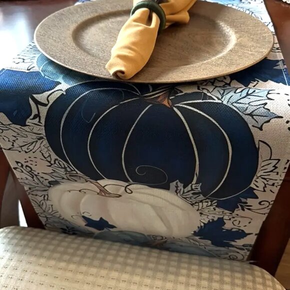 Thanksgiving Fall Linen Table Runner - Pumpkin and Maple Leaf Design -90" x 13" - Picture 6 of 9